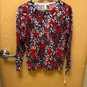 NWT EMALINE  Red and Black Floral Long Sleeve cardigan Sweater